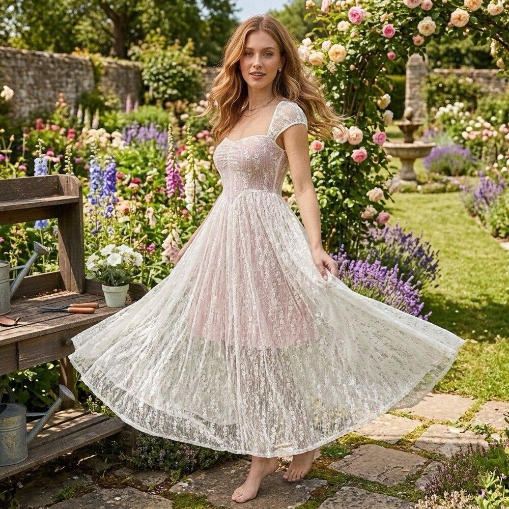 Vintage Style Cream Lace Coquette Maxi Dress Pastel Pink Lining Size Small EUC